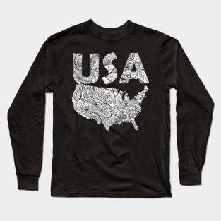 Mandala art map of the United States of America with text in white Long Sleeve T-Shirt